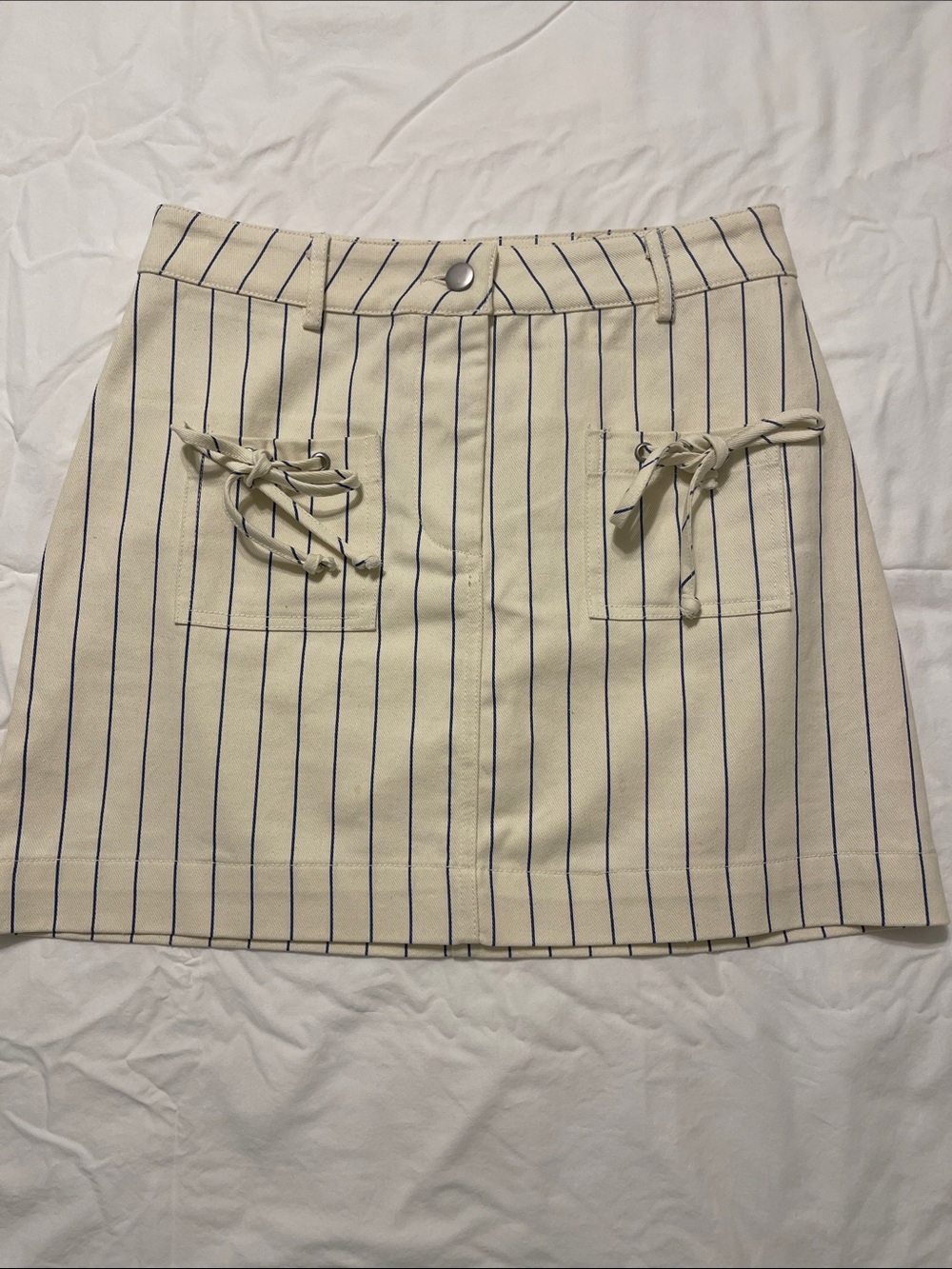 Striped Cream Mini Skirt with Front Pocket Ties